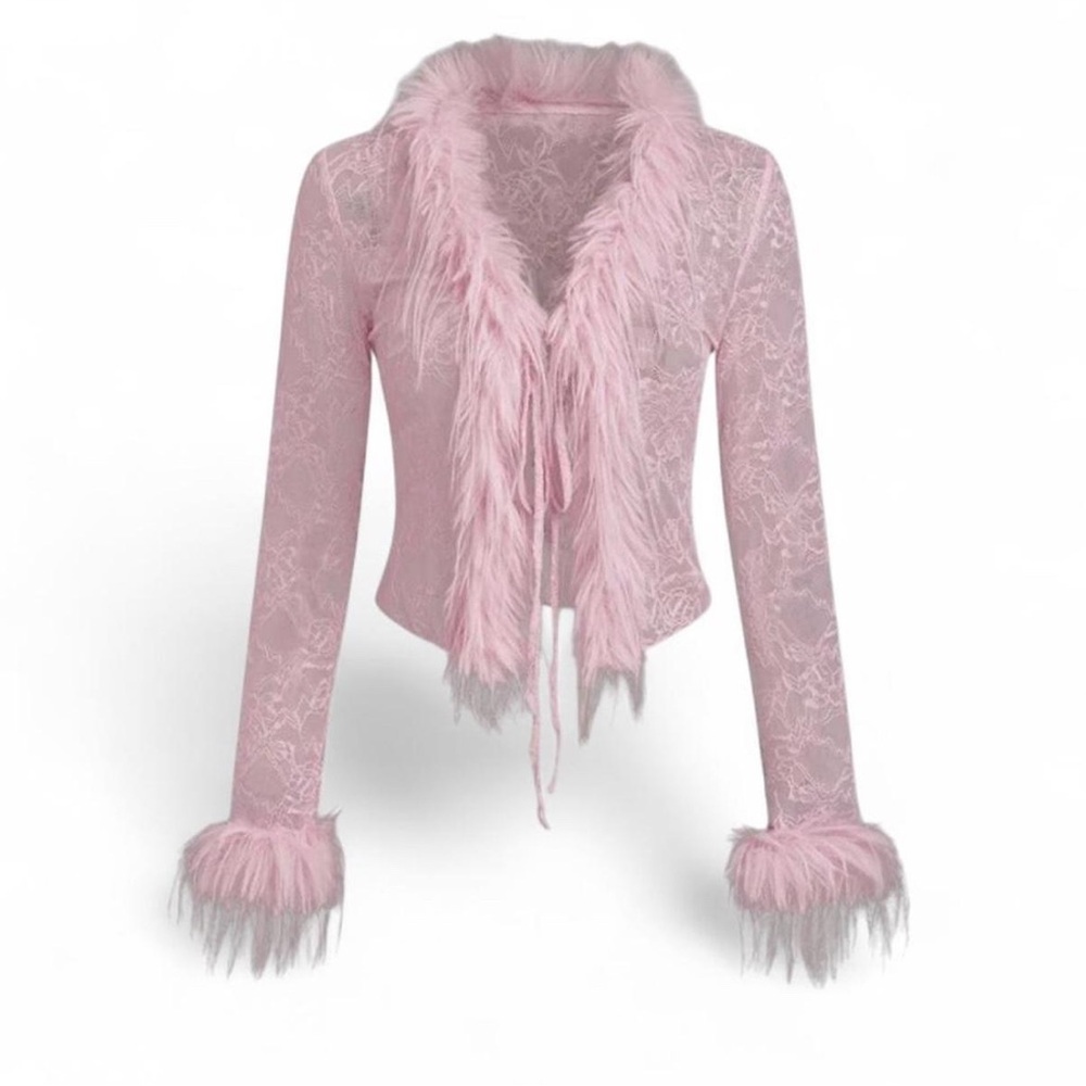Elegant Pink Lace Jacket with Fur Trim